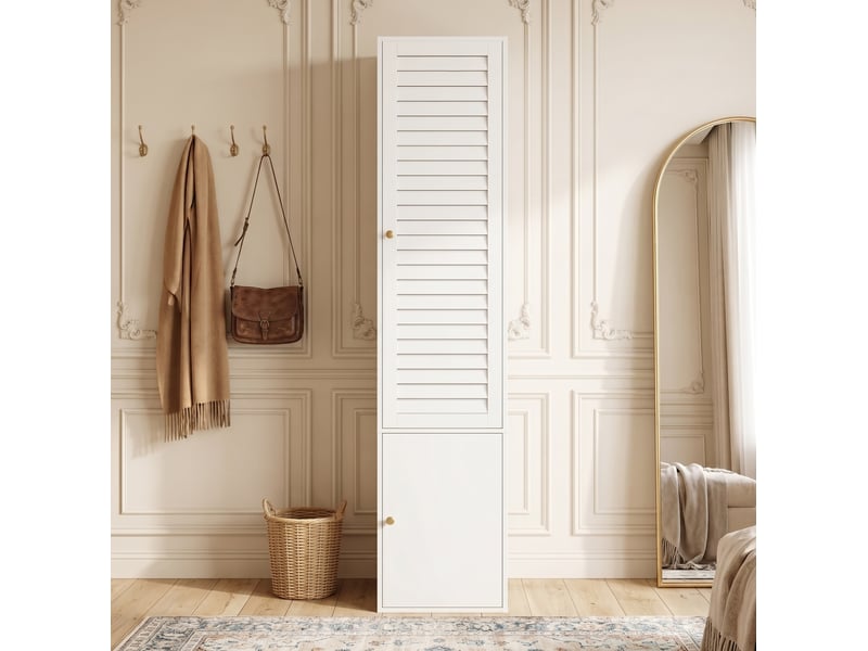  Armoire haute 1 porte à lamelles, penderie et 3 rangements, 45 x 50 x 200 cm, blanche  - Conforama D