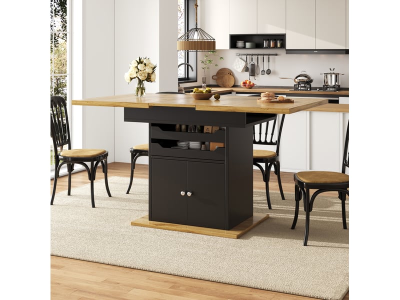  Table à manger extensible 110-140 x 80 x 76 cm rangement intégré 2 tiroirs design moderne mdf noir et naturel  - Conforama W