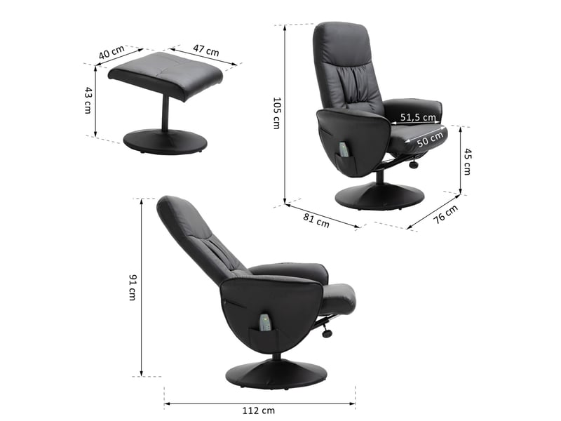 Fauteuil relax massant inclinable 145° pivotant avec repose-pieds en similicuir noir - Conforama C