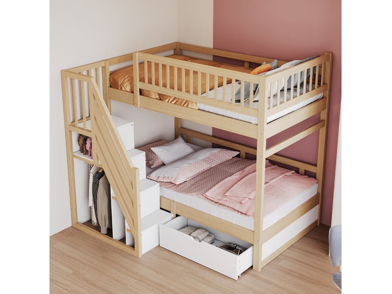  Lit superposé tcqpz 90 x 200 cm avec sommier, échelle de sécurité avec rangements, tiroirs, bois naturel  - Conforama B