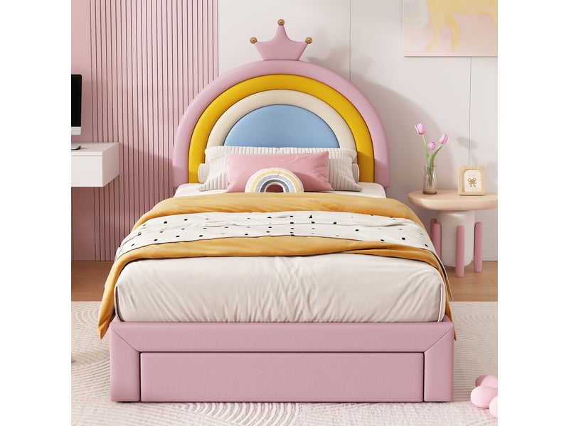  Lit enfant 90x200 cm avec tiroir au pied, lit rembourré avec tête arc-en-ciel couronne réglable sur 2 hauteurs, jusqu’à 150 kg, revêtement pu, rose Seren Glow - Conforama E