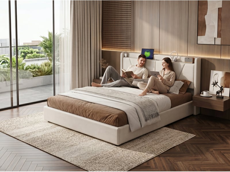  Lit coffre 160x200 cm - ports usb + type-c - tête de lit avec étagère - sommier relevable  - Conforama E
