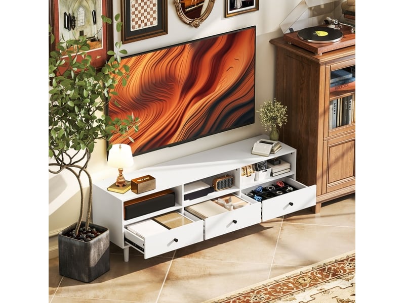  Meuble tv avec 3 tiroirs et 3 niches, passe-câbles pour salon en bois blanc jusqu’à 75 pouces 140 × 34 × 45 cm  - Conforama D