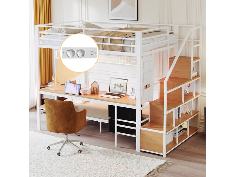  Lit mezzanine combiné 140x200 cm avec lit inférieur, bureau et led blanc  - Conforama D