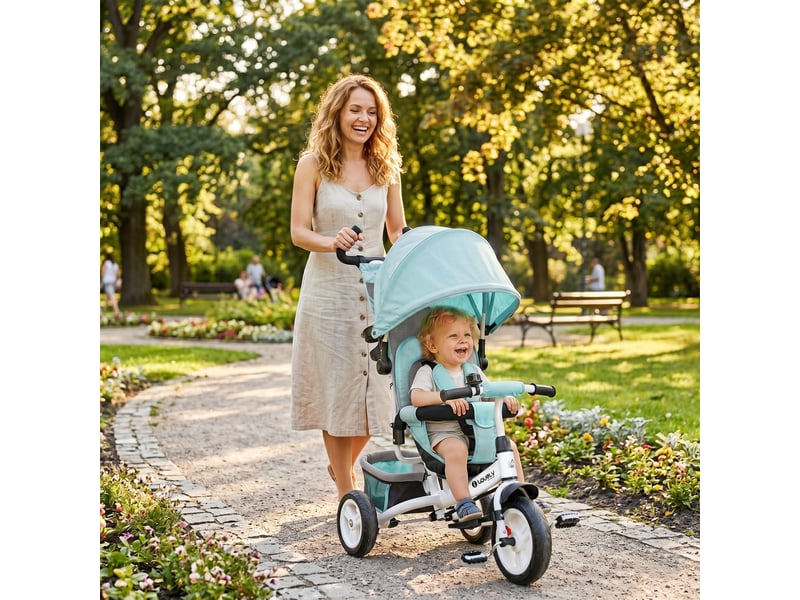  Tricycle pour bébé dès 12 mois avec poignée télescopique et amovible, sac à langer et porte-biberon, vert menthe  - Conforama B