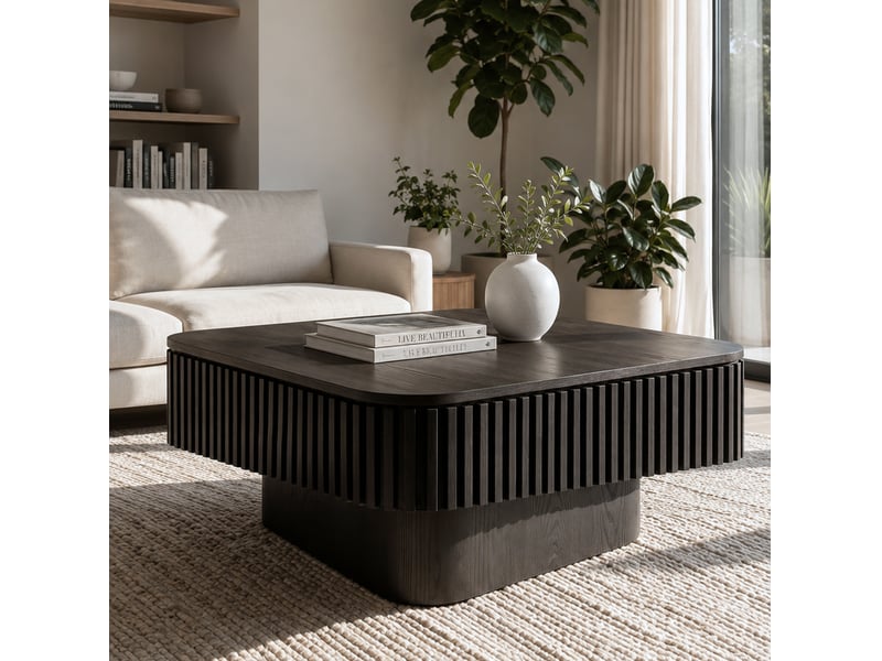 Table basse carrée noire 75 cm avec rangement caché, mdf plaqué bois et couvercle amovible, pour votre salon - Conforama B