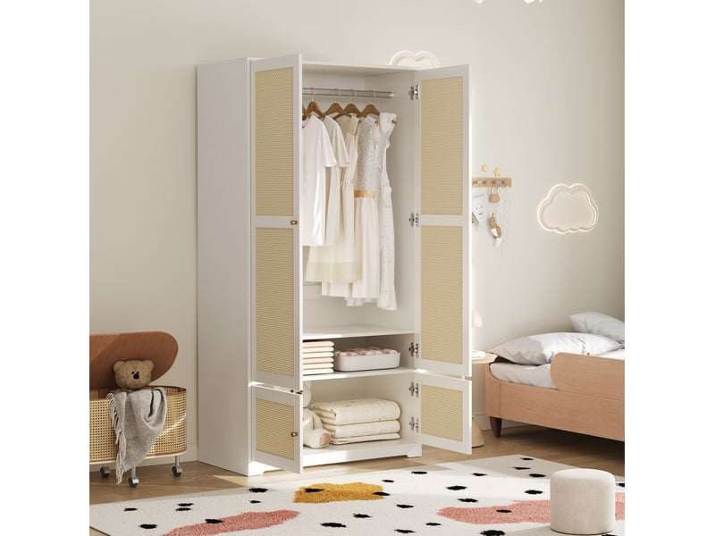  Armoire penderie 4 portes 90x48x180 cm en rotin, avec barre et compartiments, moderne, meubles de chambre, mdf blanc  - Conforama D