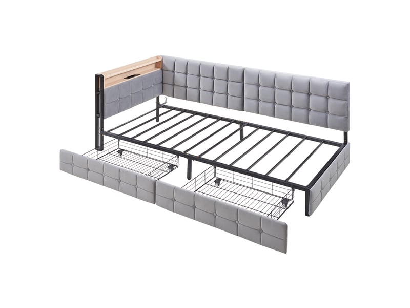  Canapé-lit rembourré 90x200 cm gris, tiroirs, lampe led, ports usb et type-c, couchage enfant  - Conforama A