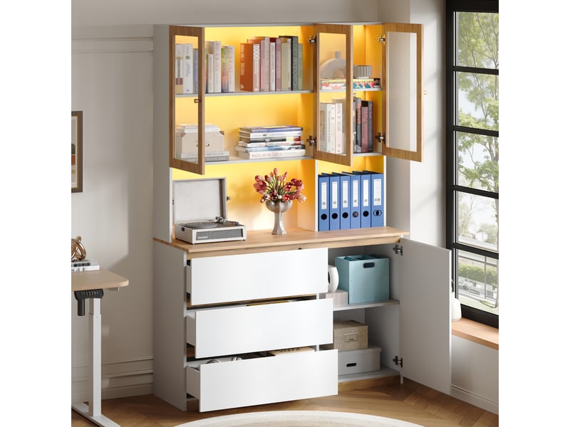  Vitrine de rangement, avec éclairage led, 120 x 200 cm, coloris blanc et chêne, solution de rangement fonctionnelle, pour intérieur  - Conforama E