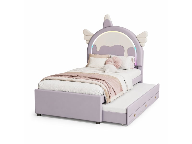  Lit gigogne enfant 200×90 cm en forme de licorne avec tiroirs, en pu et mdf violet  - Conforama A