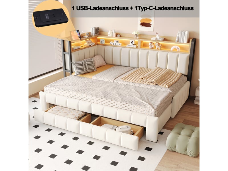  Canapé-lit 90180x200 cm, lit enfant, couchage d'appoint, tiroirs, couchage gigogne extensible, étagères, velours beige, led  - Conforama E