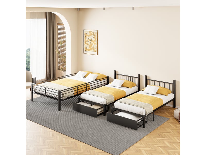  Lit superposé 3 places 140 × 200 cm et 90 × 200 cm, 2 tiroirs, transformable, sans matelas, métal noir  - Conforama B