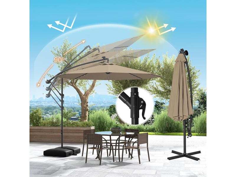  Parasol de jardin extérieur avec pied, parasol déporté 3,5x3,5m, avec 40 lampes solaires, toile inclinable, manivelle, 8 baleines, anti-uv (marron)  - Conforama C
