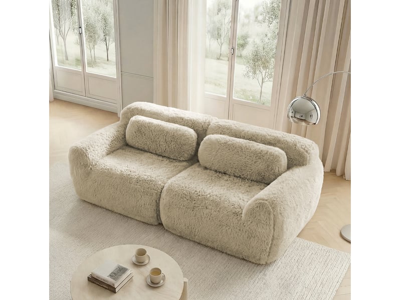  Canapé 2 places modulable 204x104x73 cm, sans cadre, mousse haute résilience, coussins, pour salon, tissu, kaki clair  - Conforama B
