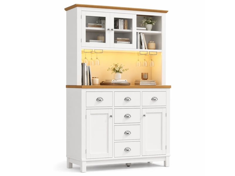  Buffet de cuisine 104x40x180 cm avec led,4 portes et 6 tiroirs, coloris blanc  - Conforama A