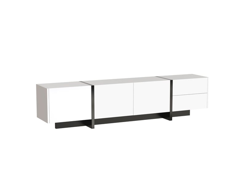  Meuble tv avec 3 portes et 2 tiroirs, 190 x 35 x 45 cm, finition brillante et tablettes intérieures, panneaux de particules, blanc Morn Vibe - Conforama E