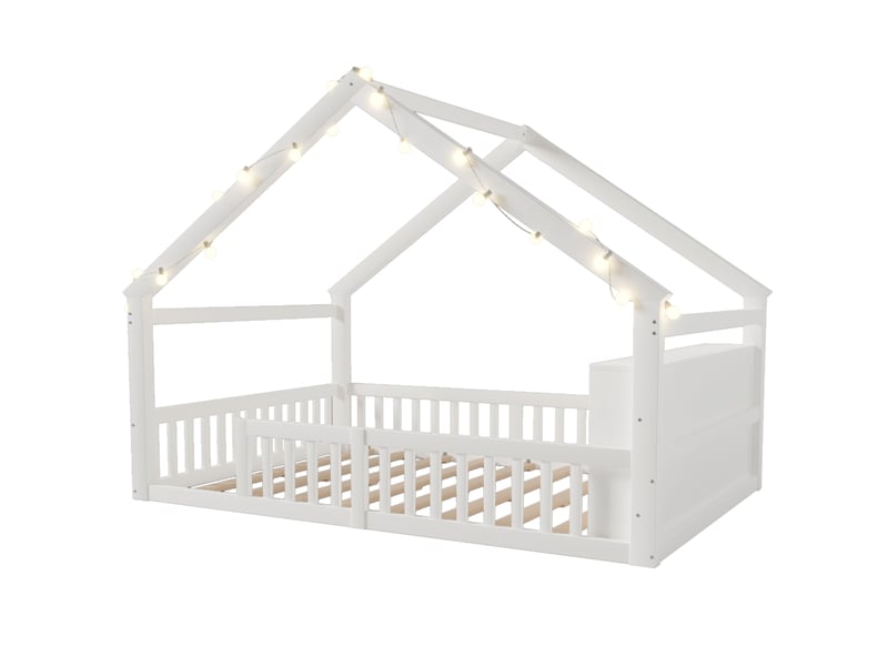  Lit plat 140 x 190 cm, lit enfant avec barrière de sécurité, éclairage led intégré, structure en pin, sans matelas, style minimaliste, blanc  - Conforama D