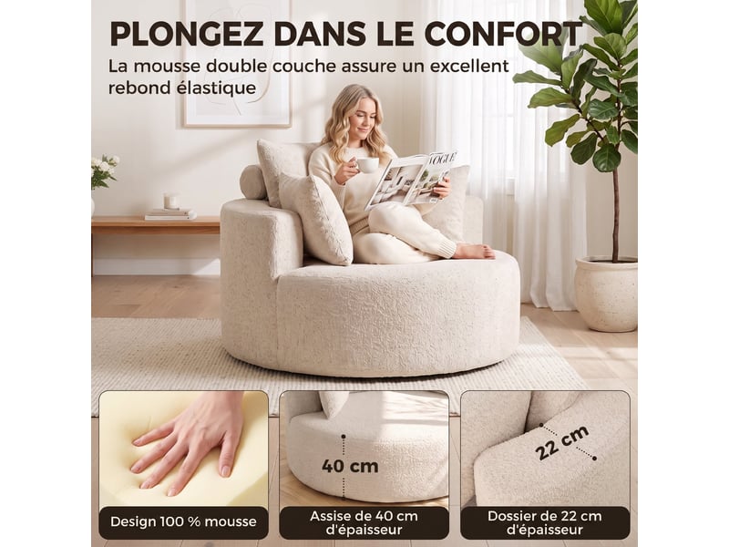  Pouf canapé rond en chenille, grande assise, 2 coussins, 1 dossier, 1 traversin, charge 250kg, 130x130x82cm, crème  - Conforama E