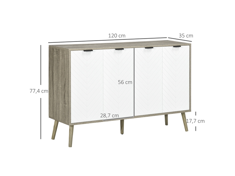 Buffet bas meuble de rangement 2 placards 4 portes motif chevrons réglables étagères 120 x 35 x 77,4 cm blanc et gris - Conforama C