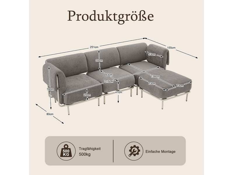 Canapé d'angle modulable 3 places en tissu chenille gris, avec pouf, 251×155×78 cm, design nordique - Conforama C