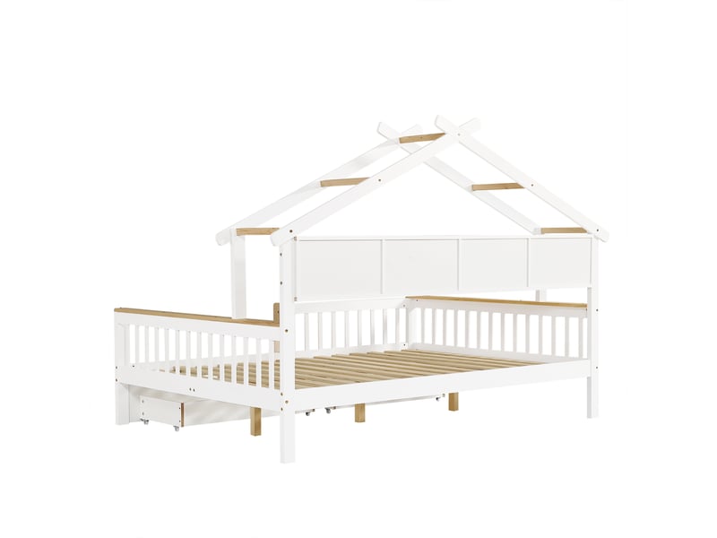 Lit cabane 140 x 200 cm avec tiroirs, blanc et bois naturel - Conforama D