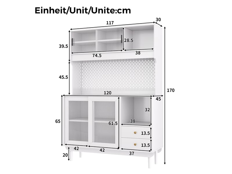  Buffet de cuisine - 170x120x45 cm - meuble de rangement avec portes coulissantes, panneau perforé, tiroirs et pieds en pin - blanc  - Conforama E