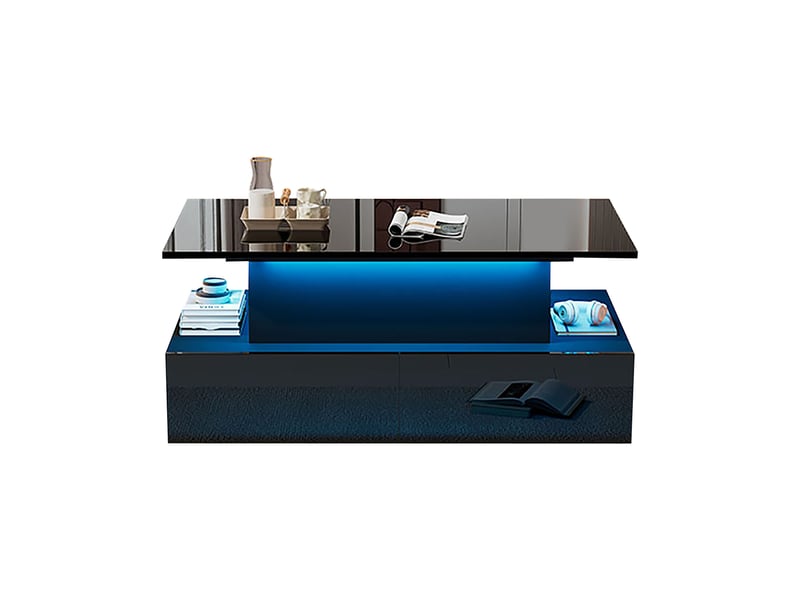  Table basse moderne noire laquée avec éclairage led et 4 tiroirs - table d'appoint élégante 90 x 55 x 41 cm avec espace de rangement jusqu'à 30 kg  - Conforama A