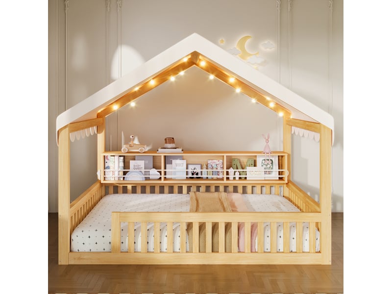  Lit cabane modenvie 140 x 200 cm avec ciel de lit, guirlande led et bibliothèque en bois naturel  - Conforama E