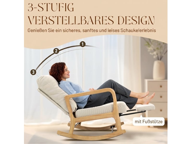  Fauteuil à bascule 89 x 70 x 97,5 cm crème en velours côtelé polyester, dossier réglable et repose-pieds  - Conforama D