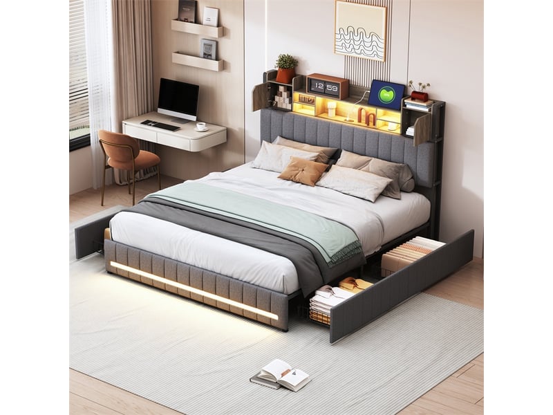  Lit 140x190cm - lit double 140x190cm - lit avec tête de lit de rangement led rgb, station de charge et 2 tiroirs - gris  - Conforama C