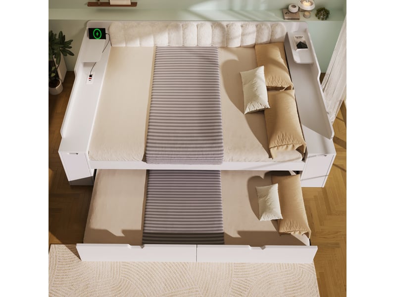  Lit gigogne 140x190 cm avec rangements et ports usb, blanc  - Conforama D