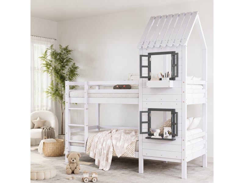  Lit superposé enfant cabane 2 x 90x200 cm blanc et gris en bois et mdf  - Conforama C