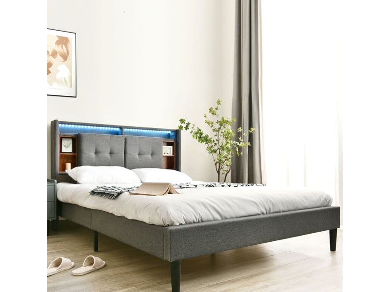  Lit double 140 x 200 cm gris avec tête de lit rangement, led, usb et matelas  - Conforama C