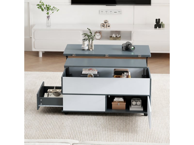  Table basse relevable hydraulique avec rangement, tiroir et roulettes 100 x 98 x 65 cm, gris et blanc  - Conforama E