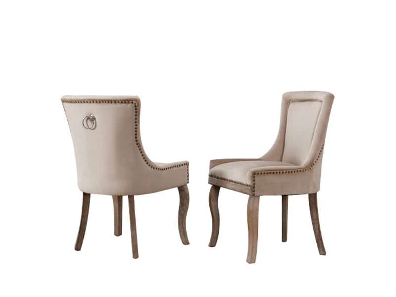  Chaise de salle à manger luxueuse, 2 pcs, velours, rembourrée avec garniture cloutée, pieds en bois, beige  - Conforama A