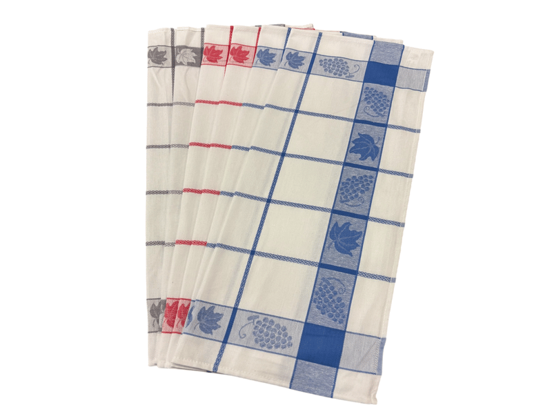  Lot de 6 torchons à carreaux motif feuilles de vignes bleu, rouge et gris 50x70 cm - 100% coton tissage jacquard  - Conforama A
