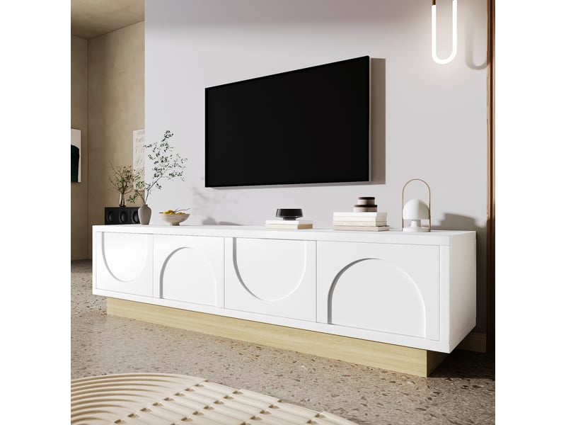  Meuble tv blanc 175 cm, veinage bois, design incurvé minimaliste, portes push-to-open, blanc et bois  - Conforama E