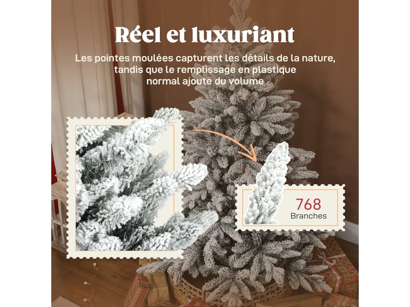  Sapin de noël artificiel floqué de neige 150 cm, arbre de noël avec 768 branche, support en métal pliable, vert  - Conforama E