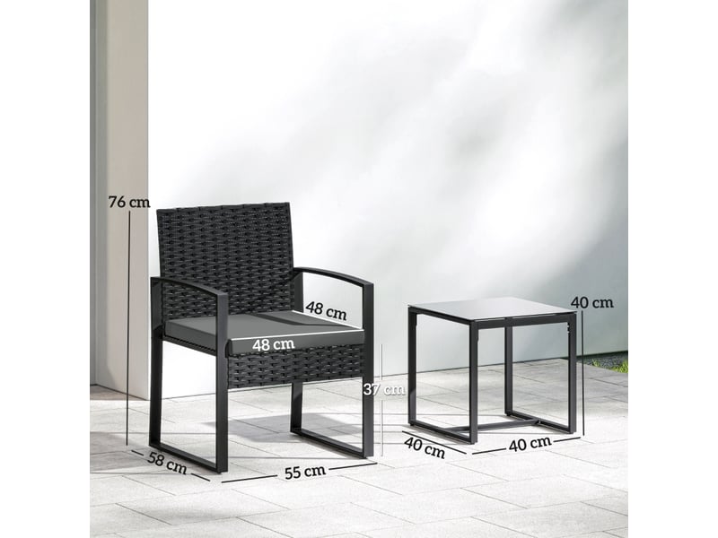 Ensemble détente extérieur avec 2 fauteuils et table basse, assises rembourrées, en acier gris foncé - Conforama D