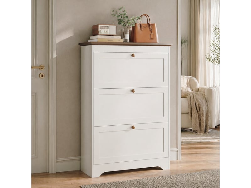  Meuble à chaussures avec 3 abattants amortis et plateau de rangement pour entrée, en mdf blanc, 87 × 26 × 120 cm  - Conforama C