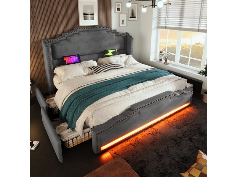  Modenvie lit coffre 180x200 cm - led, usb-c, 4 tiroirs, sommier inclus, sans matelas - gris  - Conforama D