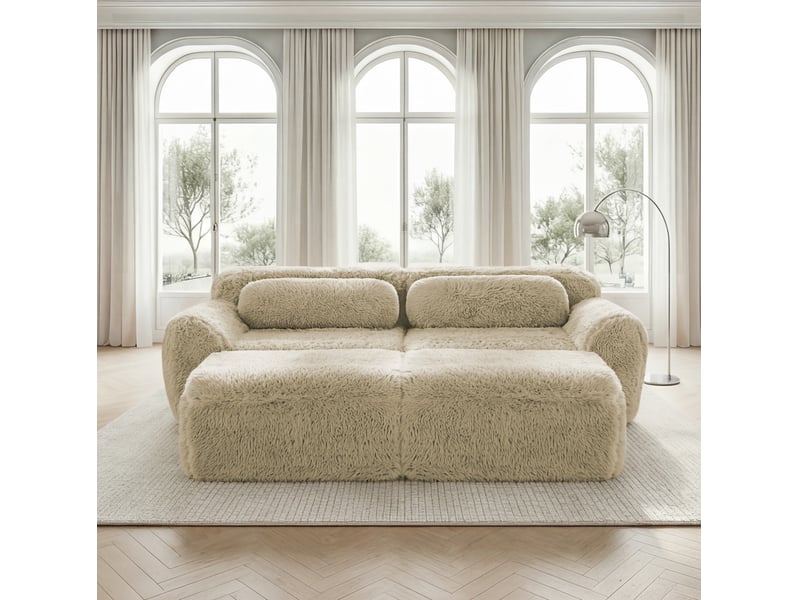  Canapé modulable convertible 2 places en velours kaki clair avec 2 ottomans, sans montage, confort nuageux  - Conforama E