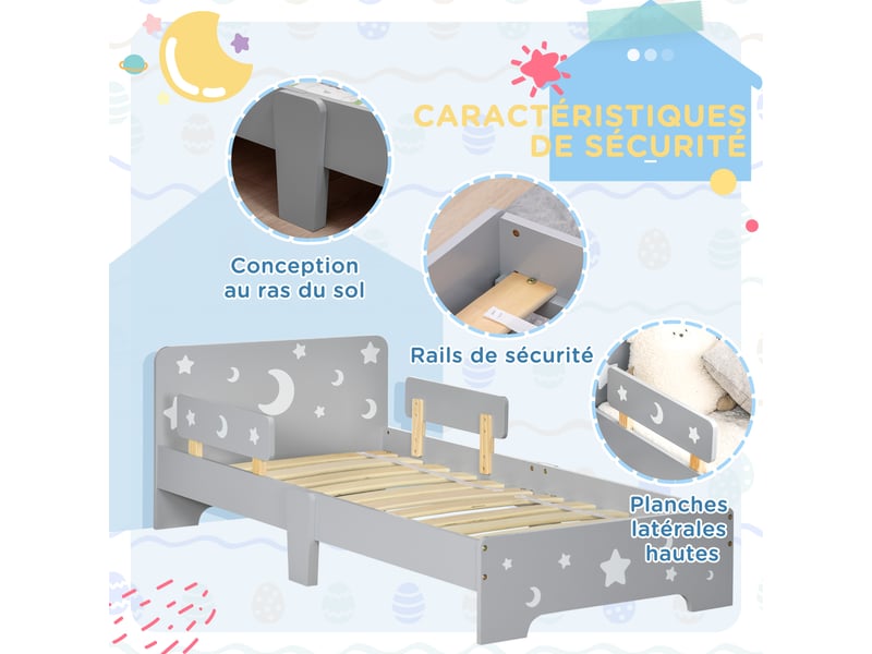 Lit pour enfants de 3 à 6 ans design étoiles et lune sommier à lattes inclus chambre moderne gris 143 x 76 x 49 cm  - Conforama E