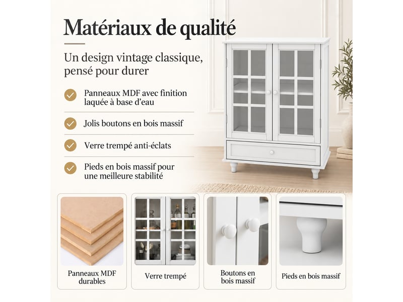  Buffet 38x71x93 cm avec portes en verre trempé, tiroir bas, étagères réglables, poignées et pieds bois, blanc  - Conforama D
