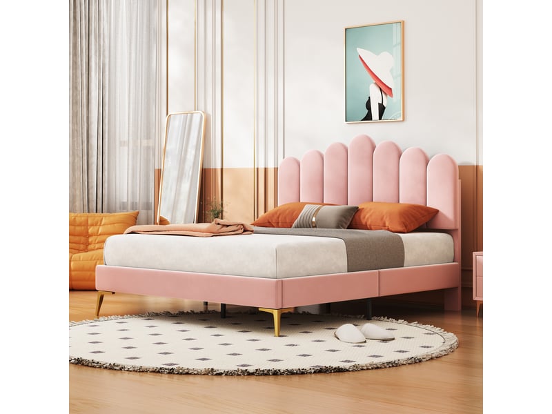  Lit capitonné 140 x 200 cm rose avec tête de lit réglable et sommier à lattes, velours doux  - Conforama C