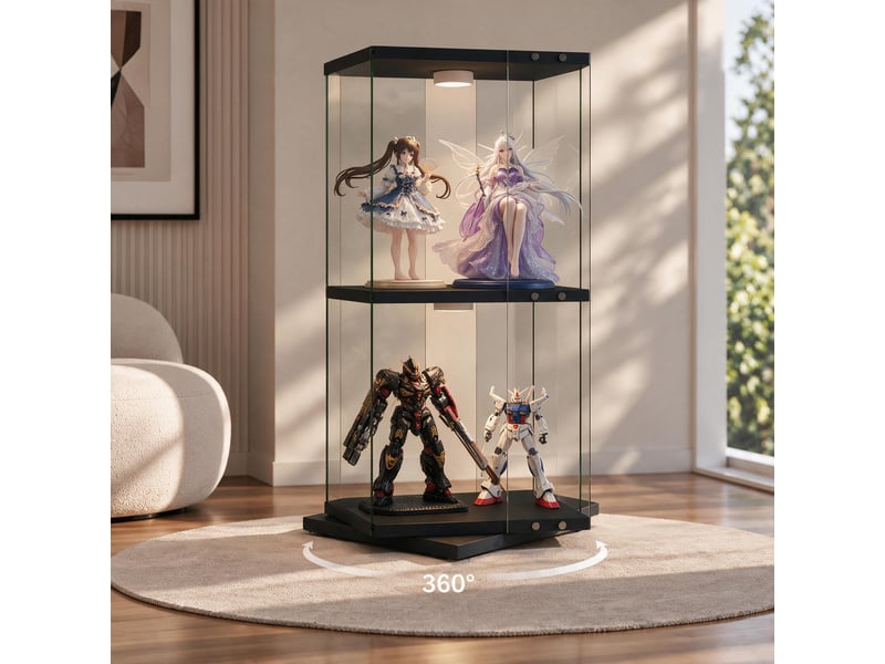 Vitrine d'exposition rotative 360°, verre 2 niveaux 85 cm avec led rgb, anti-basculement, verre trempé et bois, noir - Conforama B