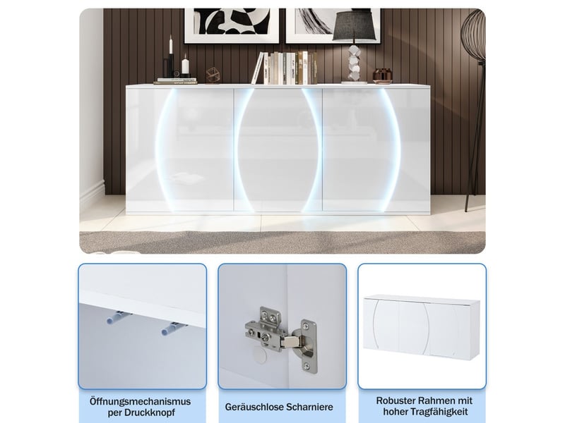  Buffet de salon, 150 x 40 x 70 cm, meubles de rangement avec portes à led, blanc  - Conforama E