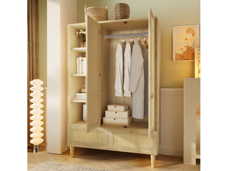  Armoire dressing 120x50x180 cm – chêne clair – 2 portes, étagères ouvertes, 2 tiroirs, rangement pratique  - Conforama E