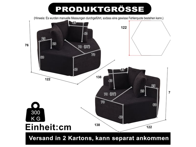  Fauteuils modulables compressés et hexagonaux souples lot de 2, assise de 2 places, en tissu chenille, couleur noir  - Conforama C
