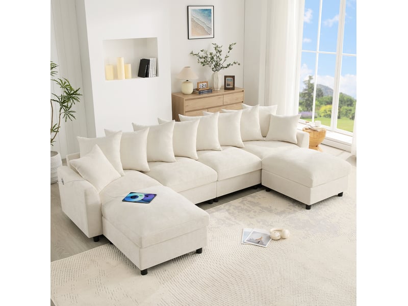  Canapé d'angle modulaire 6 places avec 2 poufs, ports usb et type-c, coussins amovibles en chenille beige  - Conforama E